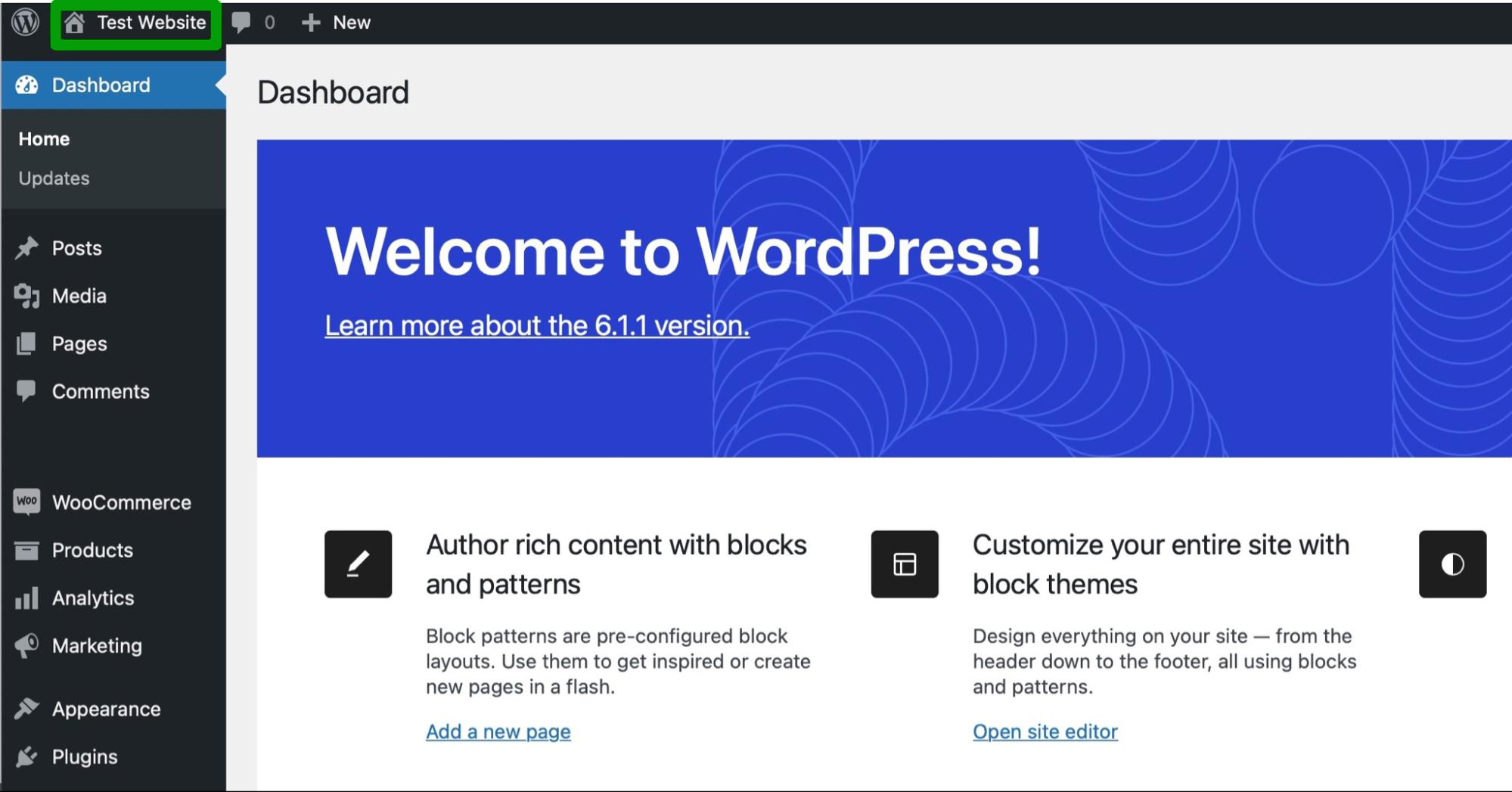 website name circled in green at the top of the WordPress dashboard