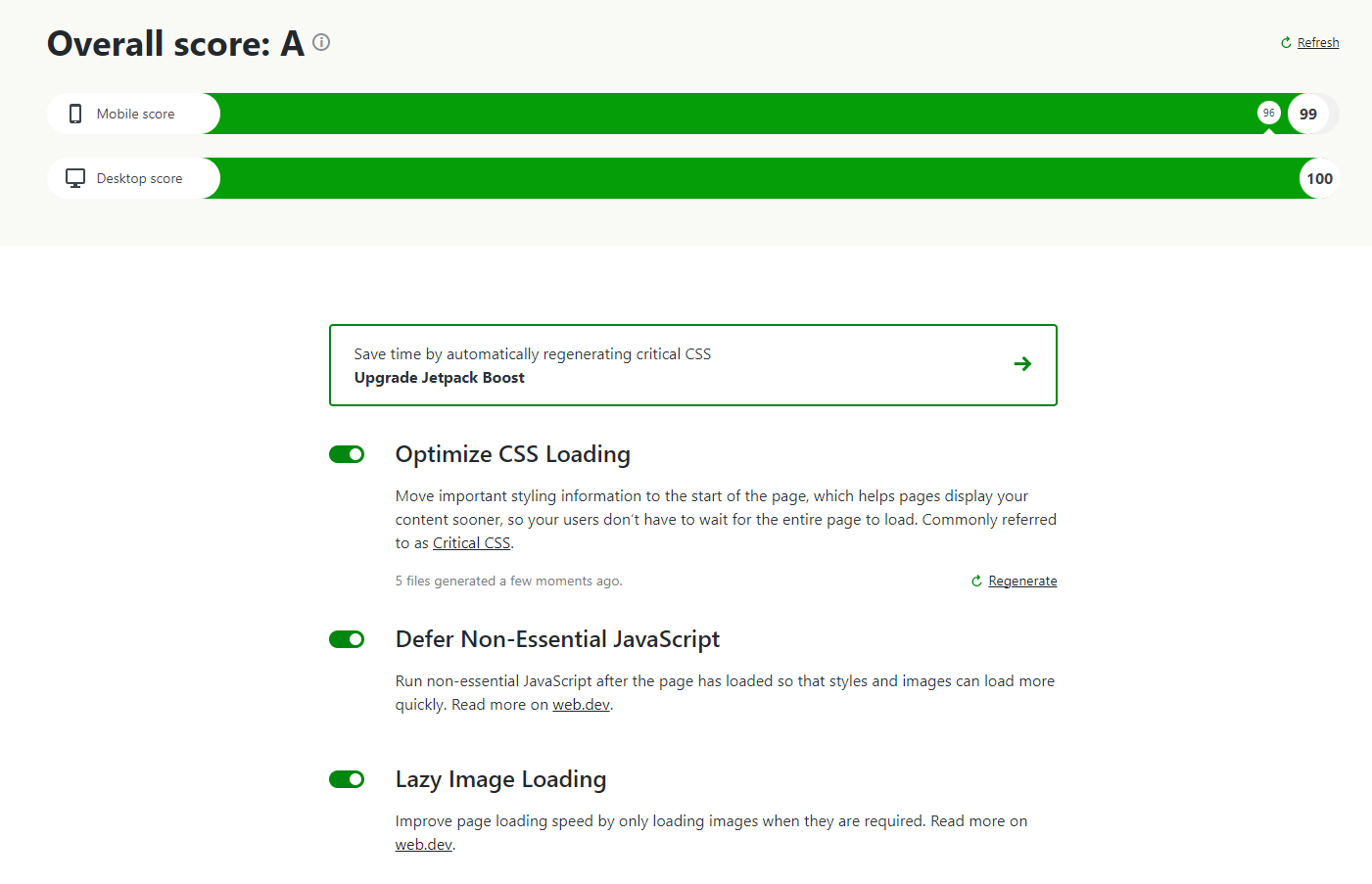 Jetpack Boost dashboard and settings