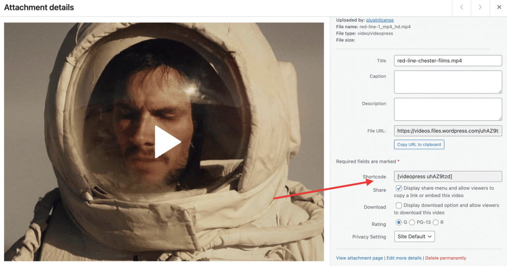 Screenshot of video's settings from the WP Admin Media Library. The shortcode field is highlighted with an arrow.