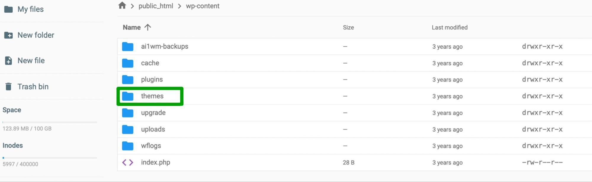 viewing the themes folder in cpanel