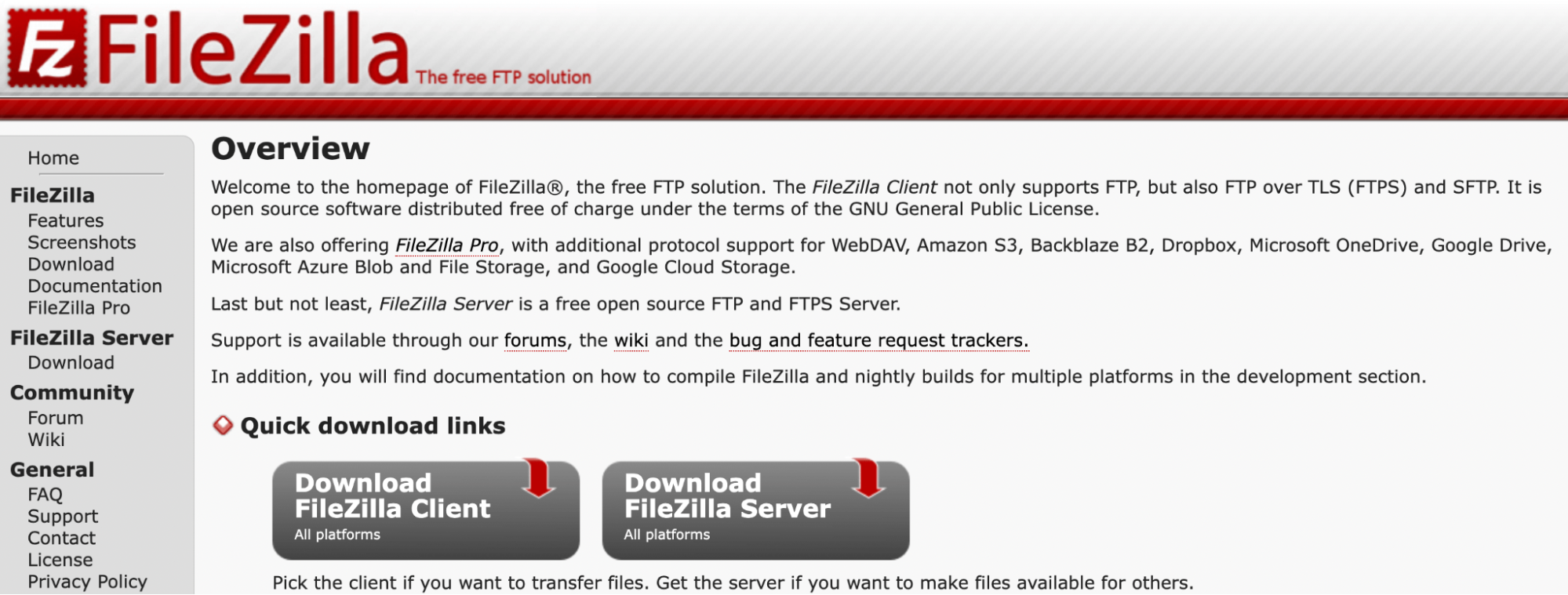 Page d’accueil de FileZilla
