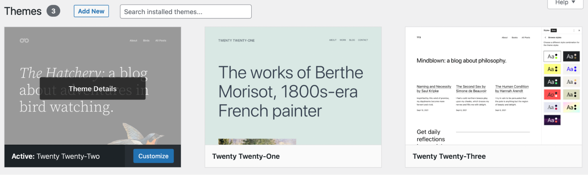 list of themes installed on a WordPress site