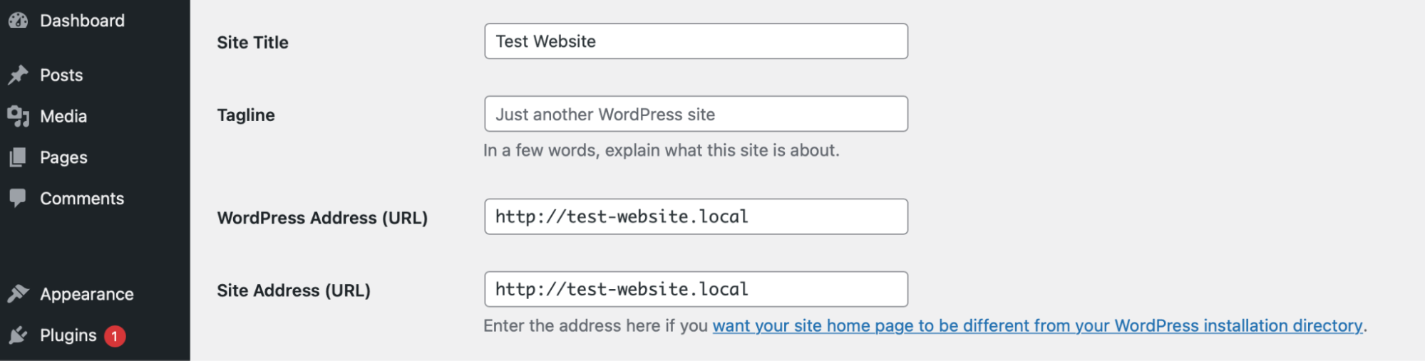 updating the WordPress and site addresses inside of the dashboard