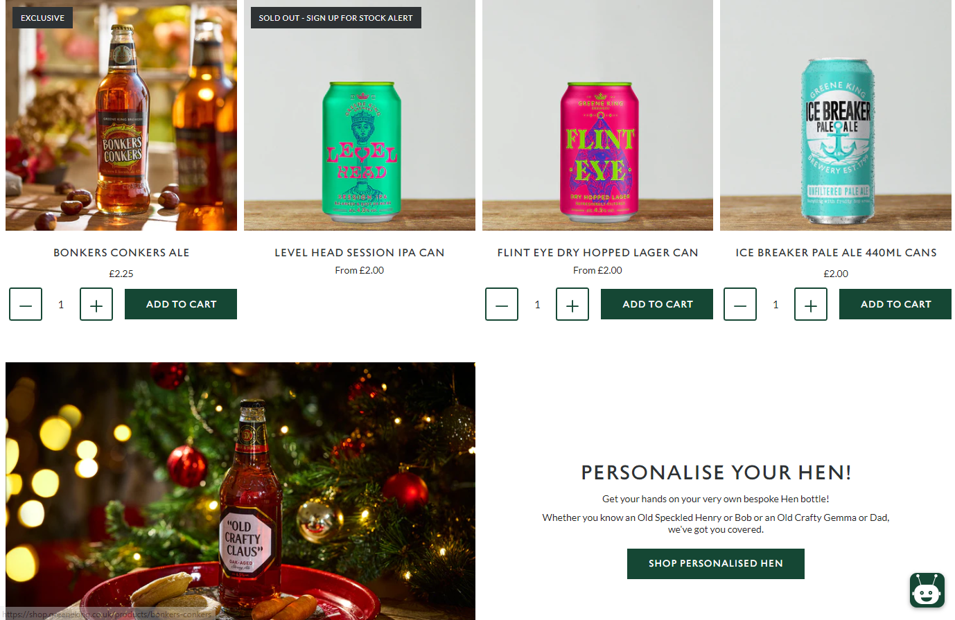 Greene King Shop page with options to add directly to cart