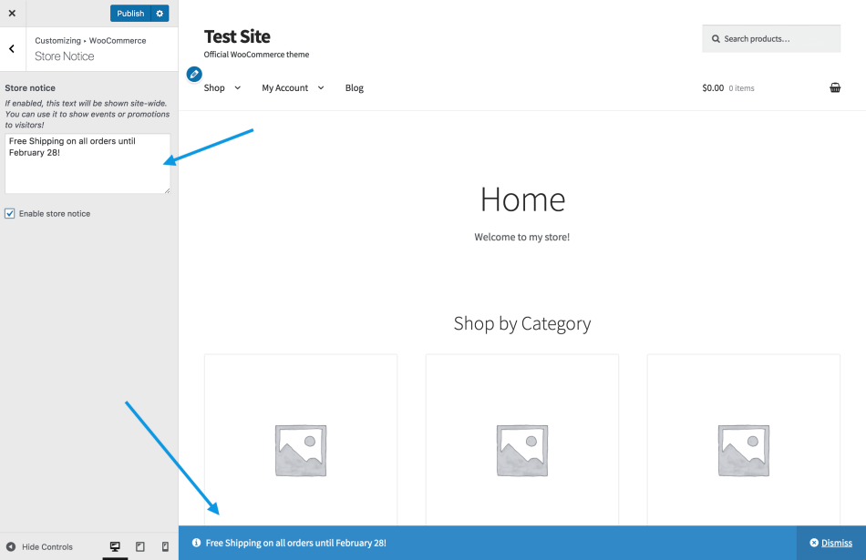 turning on the WooCommerce store notice