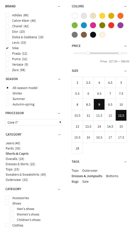 Product Filters with a variety of options