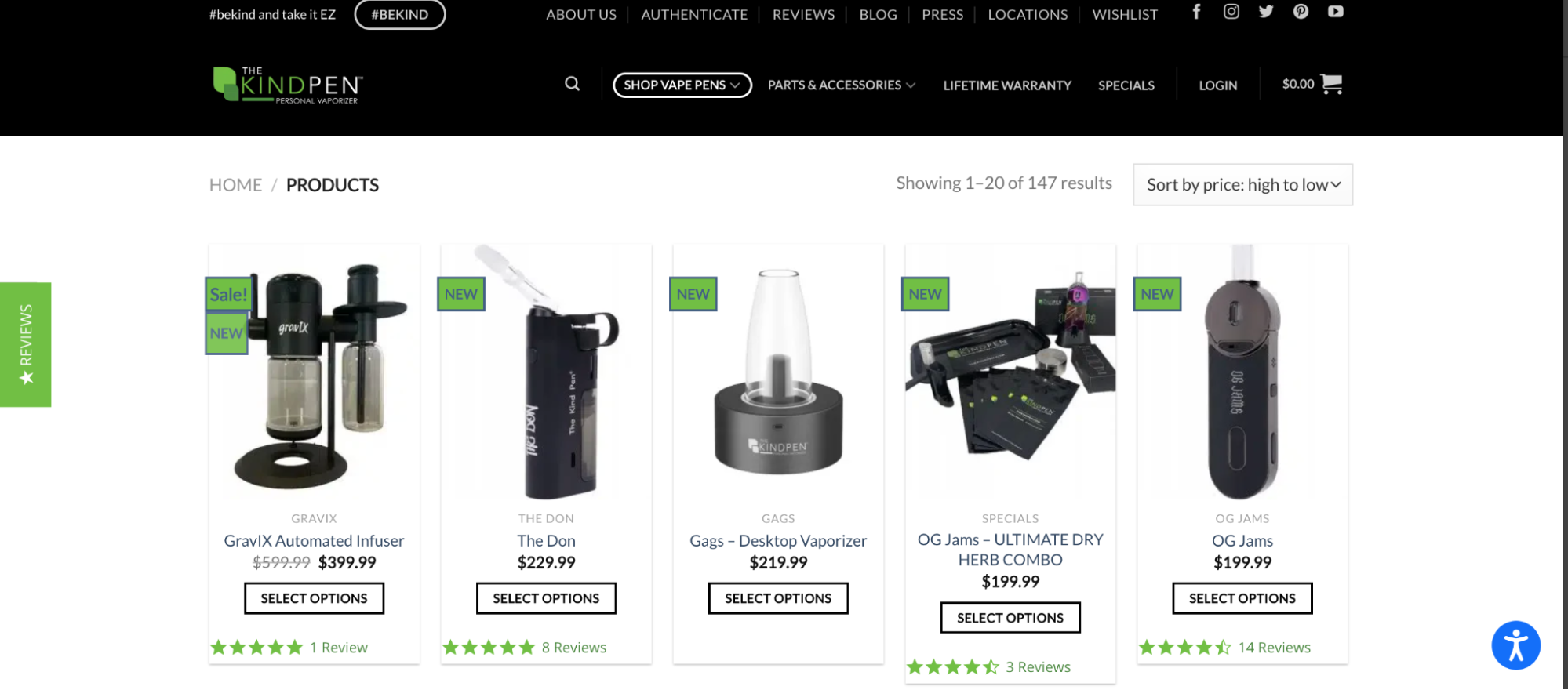 The Kind Pen shop page, with green stars underneath each item
