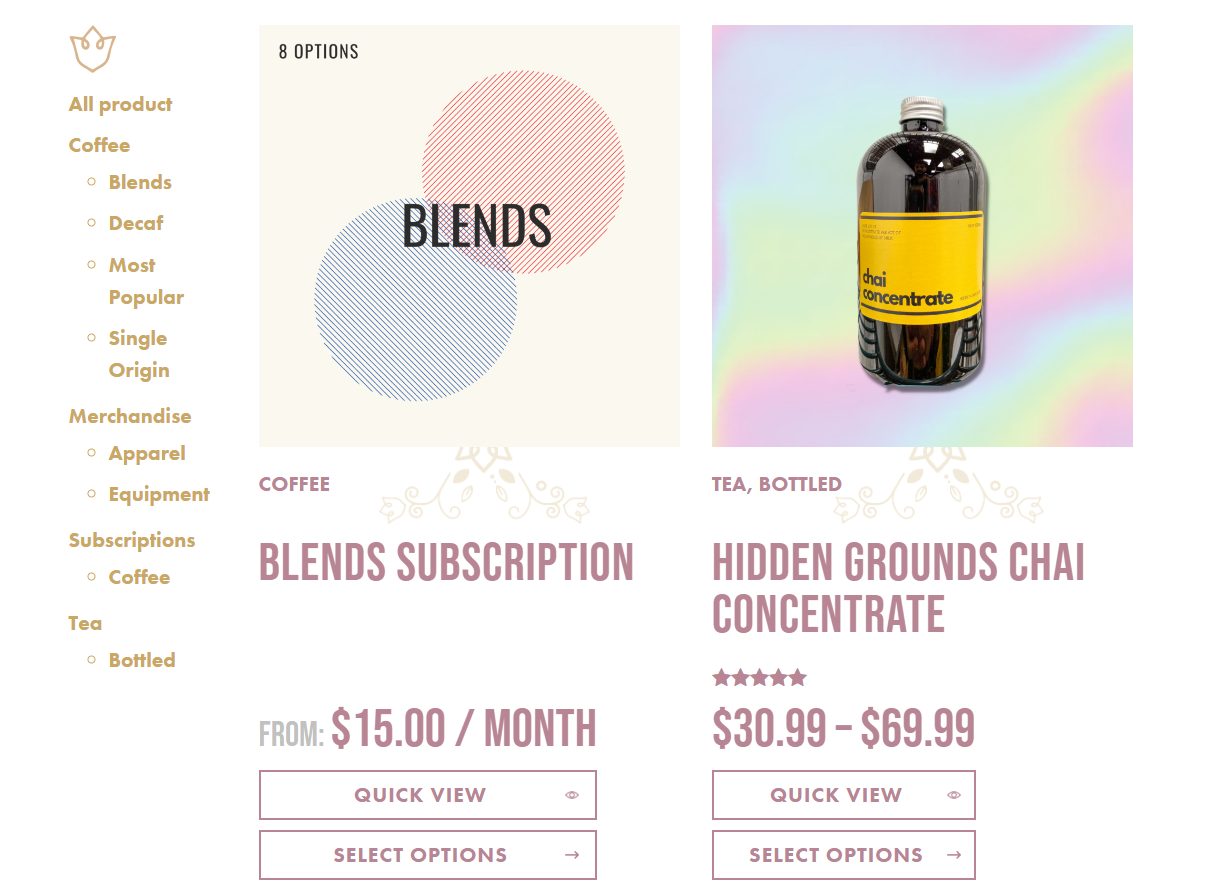 Hidden Grounds Shop page with Quick View options