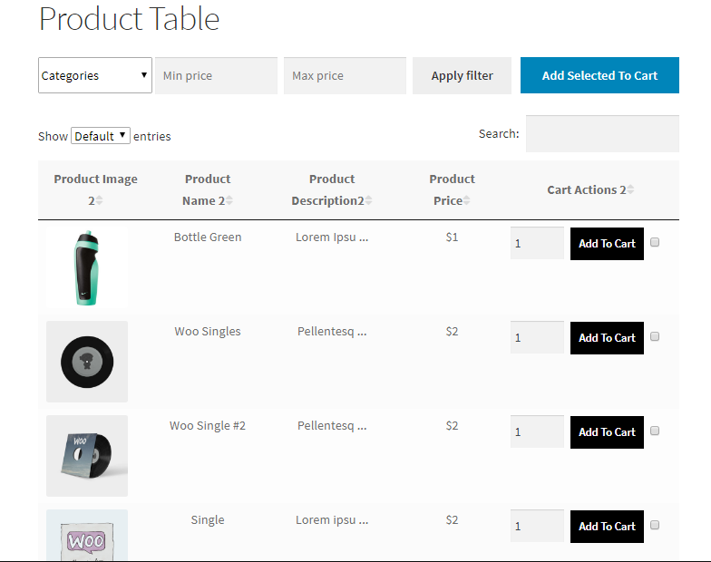 example of a product table with a list of items