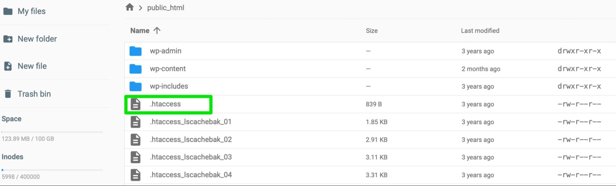 the .htaccess file circled in green
