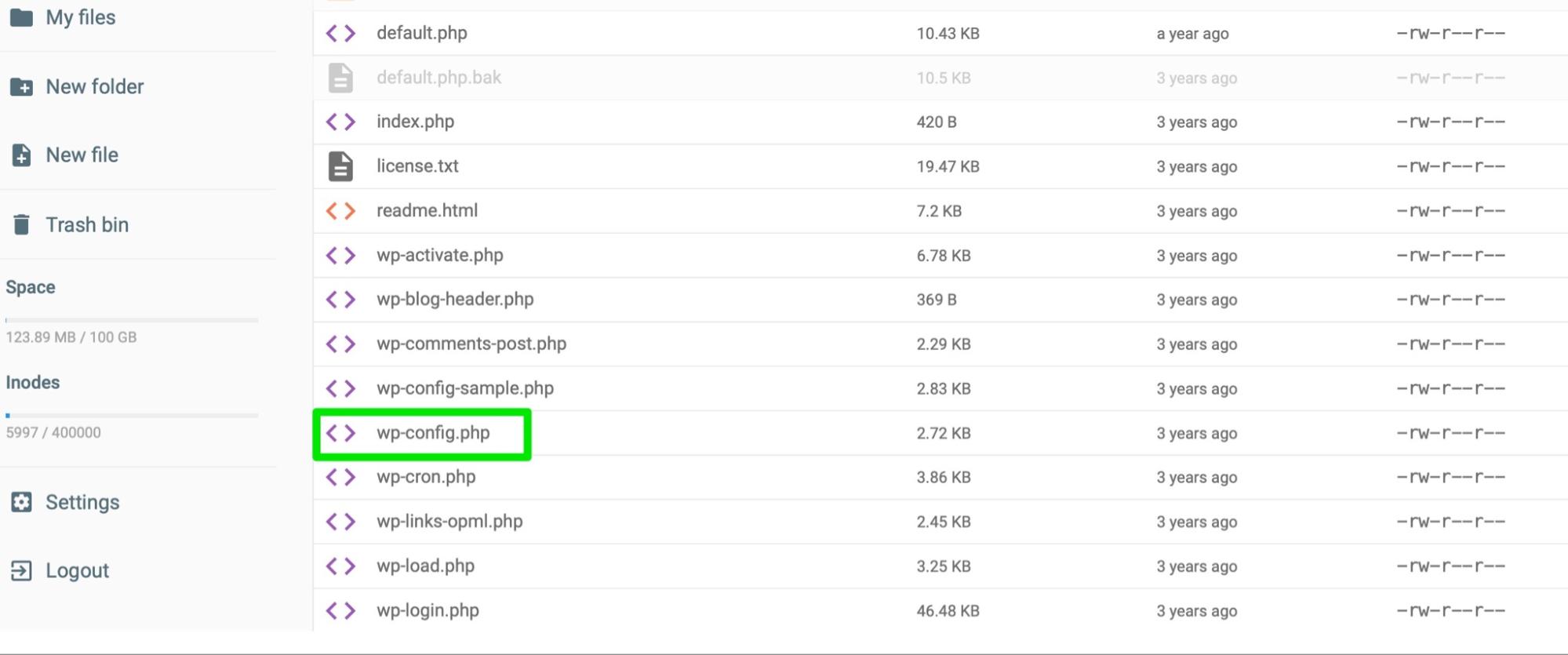 wp-config.php highlighted inside of the file manager