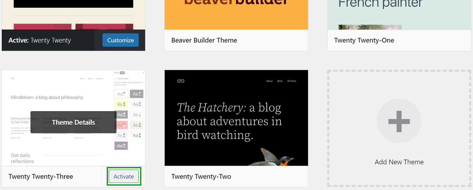 option to activate a WordPress theme