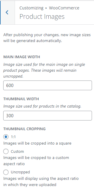 Product Image options in the Customizer