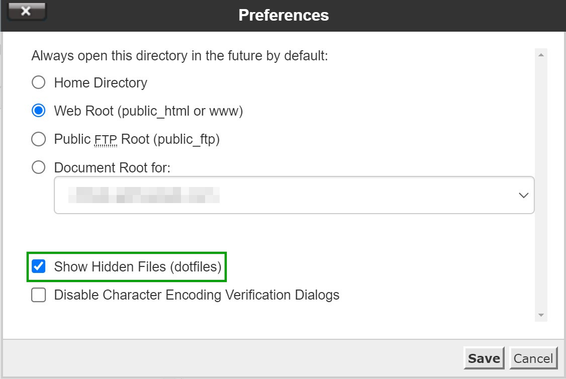 how to show hidden dot files in cpanel