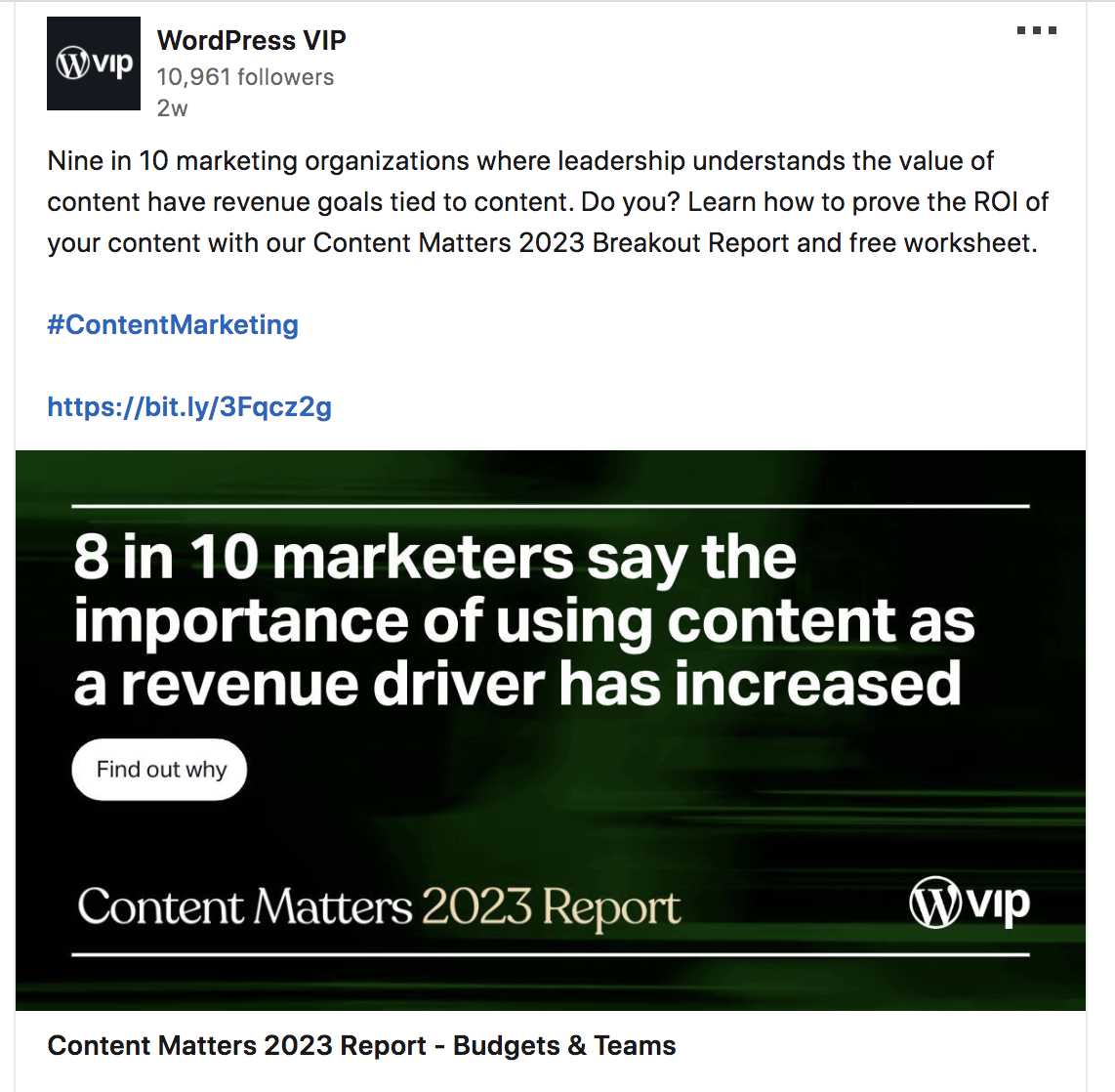 Publicación de WordPress VIP en Facebook que comparte una estadística de una infografía