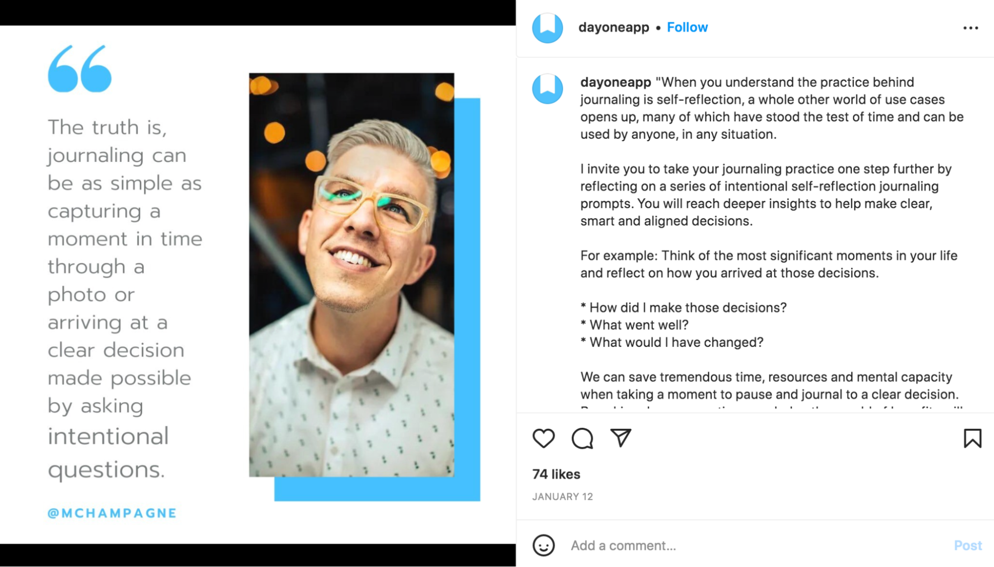 Gráfico atractivo con una foto y elementos visuales de la aplicación Day One