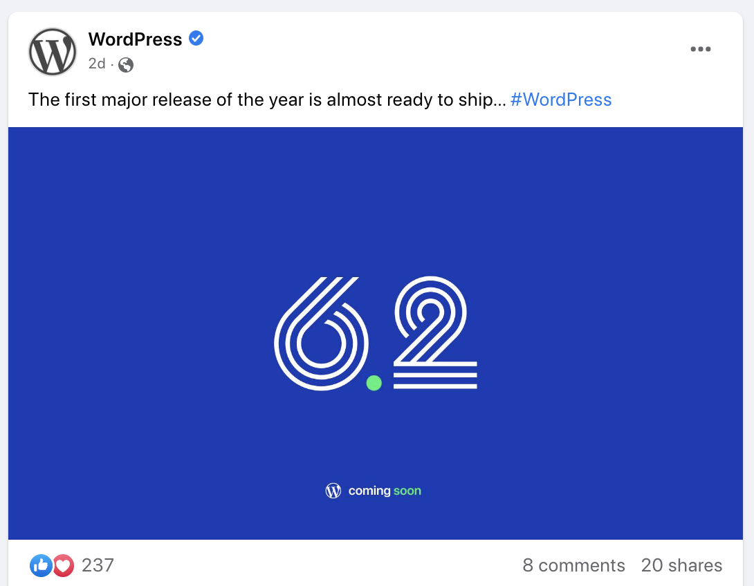 Adelanto de WordPress V6.2 en redes sociales