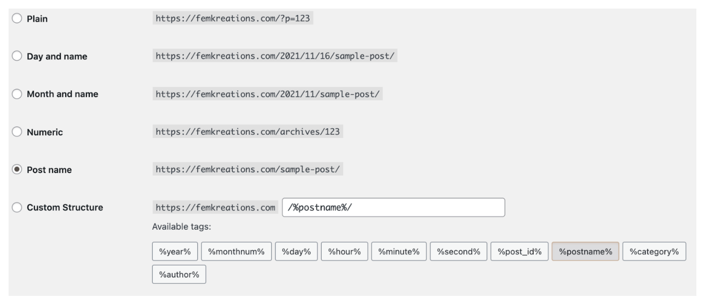 ajustes de los enlaces permanentes en WordPress