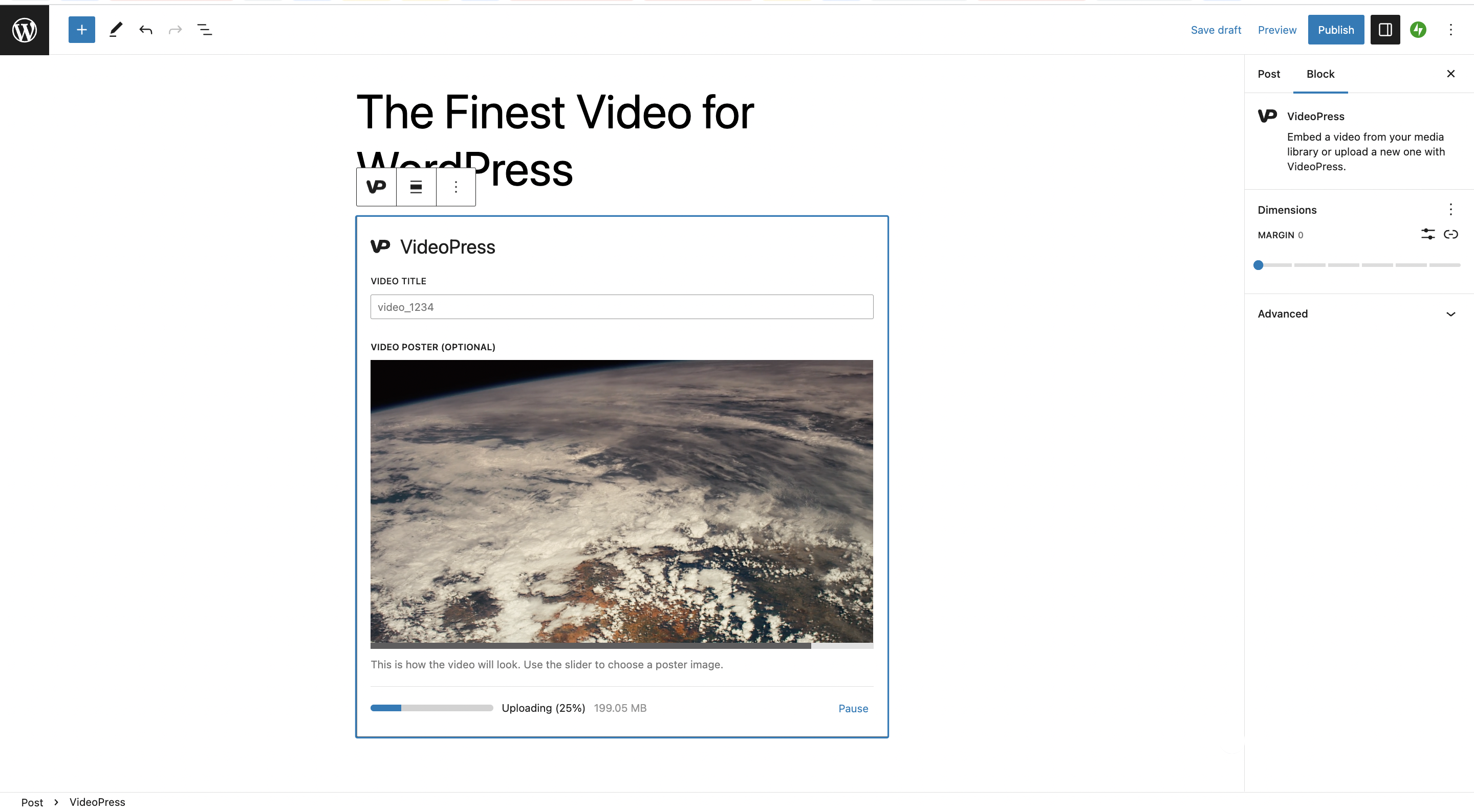Bloque de VideoPress Con un diseño inmersivo, VideoPress es ideal para videógrafos, creadores, cineastas, educadores y blogueros que buscan subir vídeos de alta calidad fácilmente.