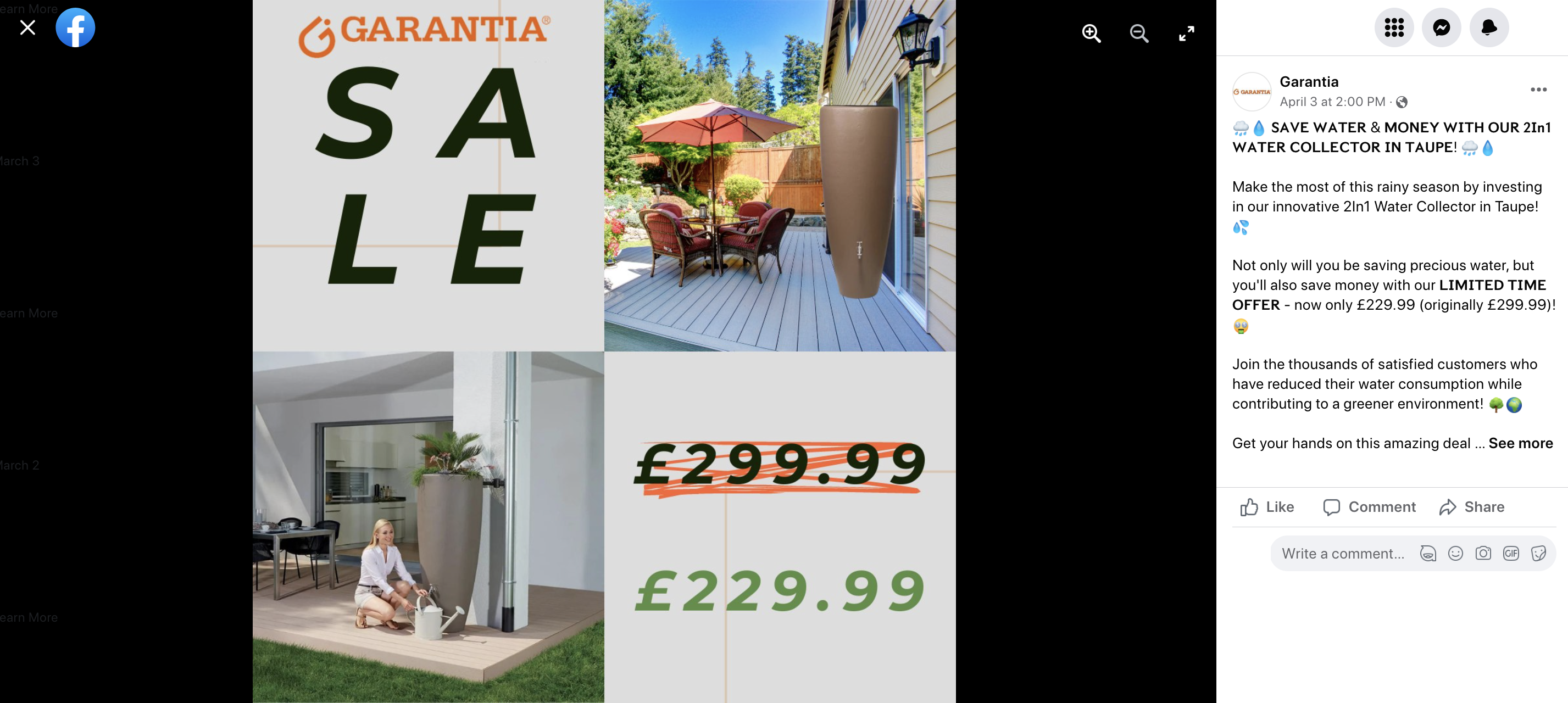 promotion of a product from Garantia on Facebook