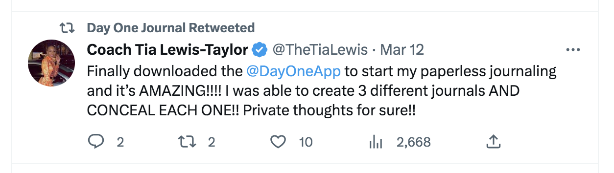 Tweet from Day One, sharing a testimonial from a customer