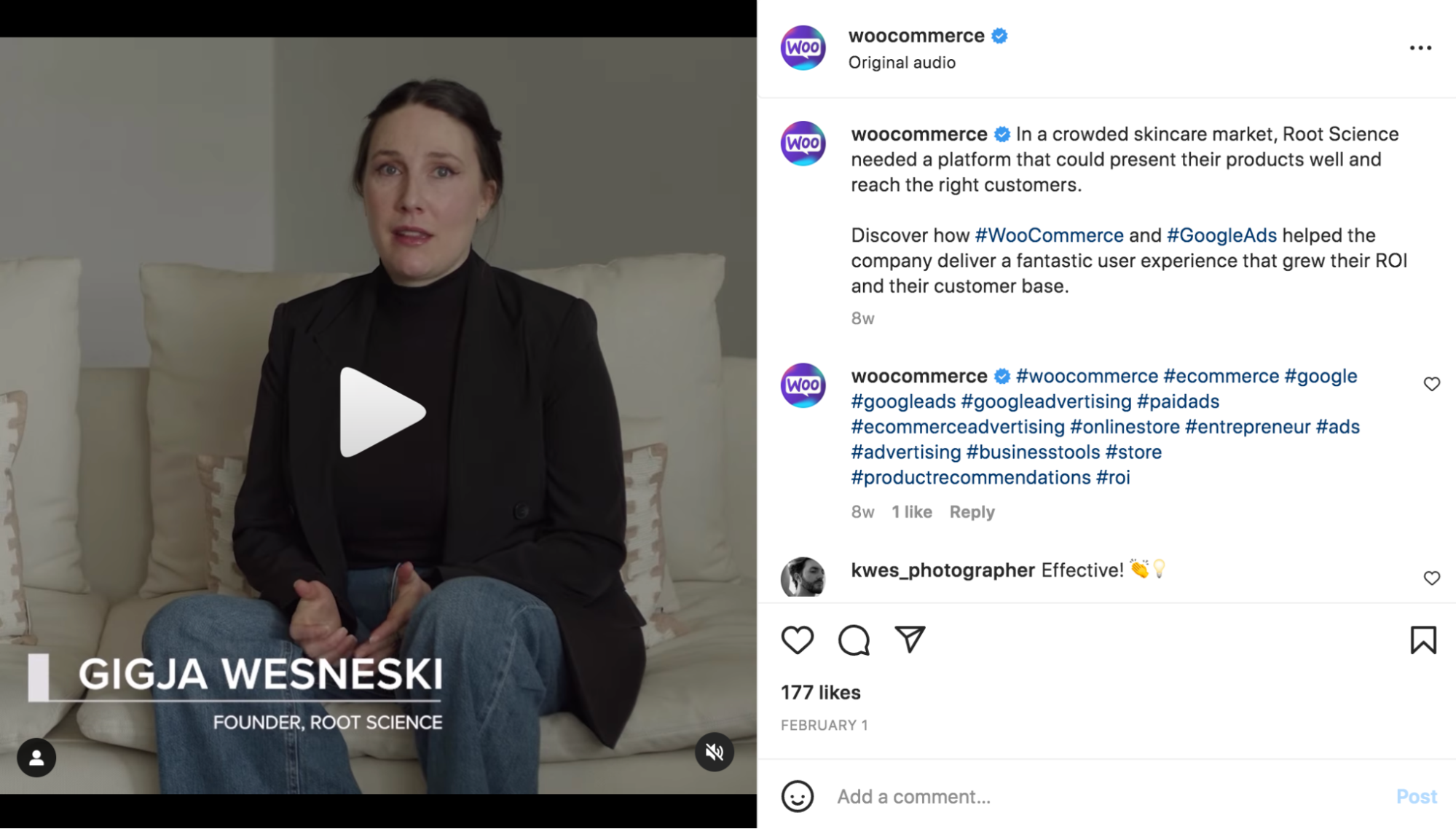 WooCommerce video testimonial posted on Instagram