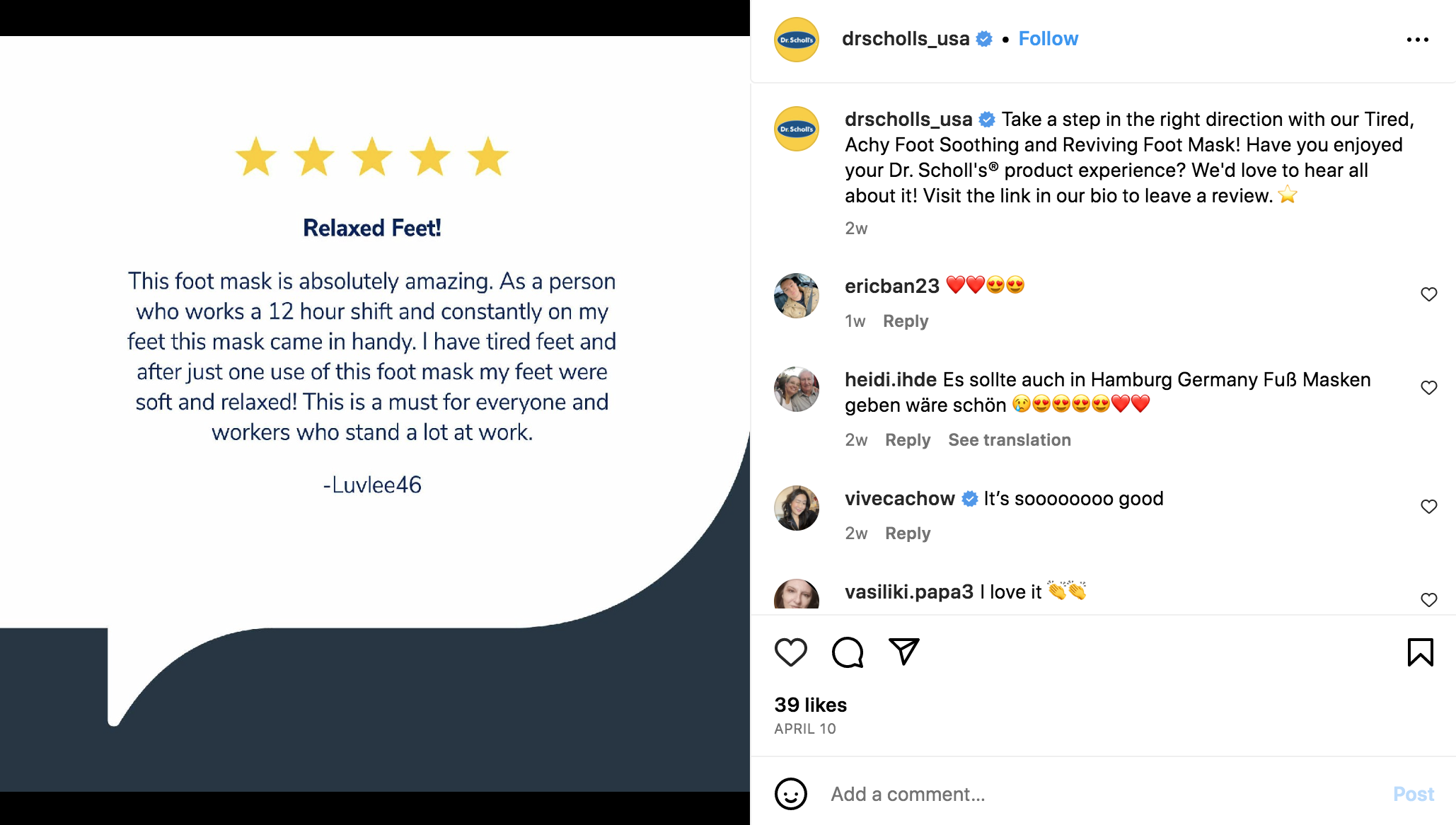 a testimonial posted on the Instagram account of Dr. Scholls