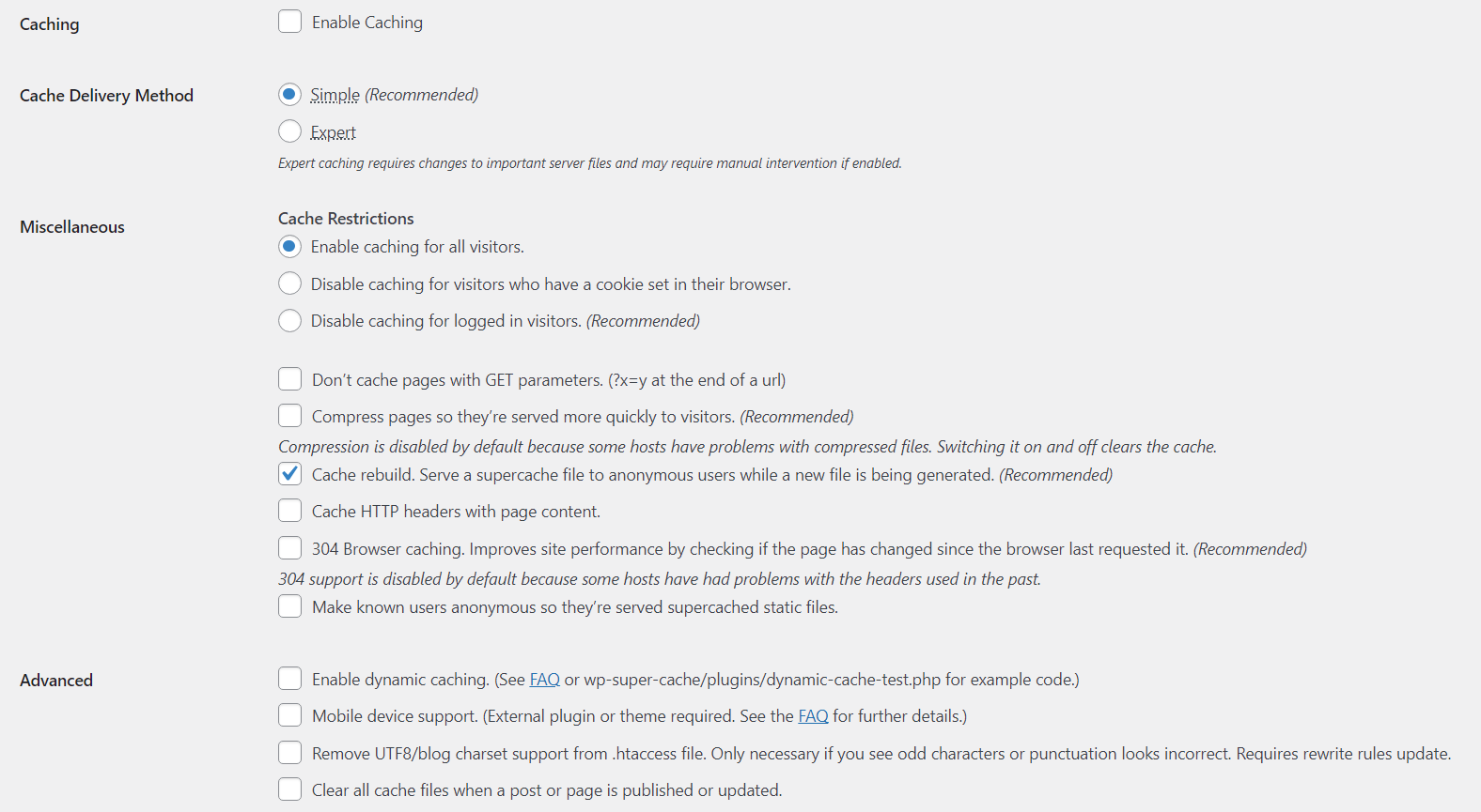 advanced settings available with WP Super Cache