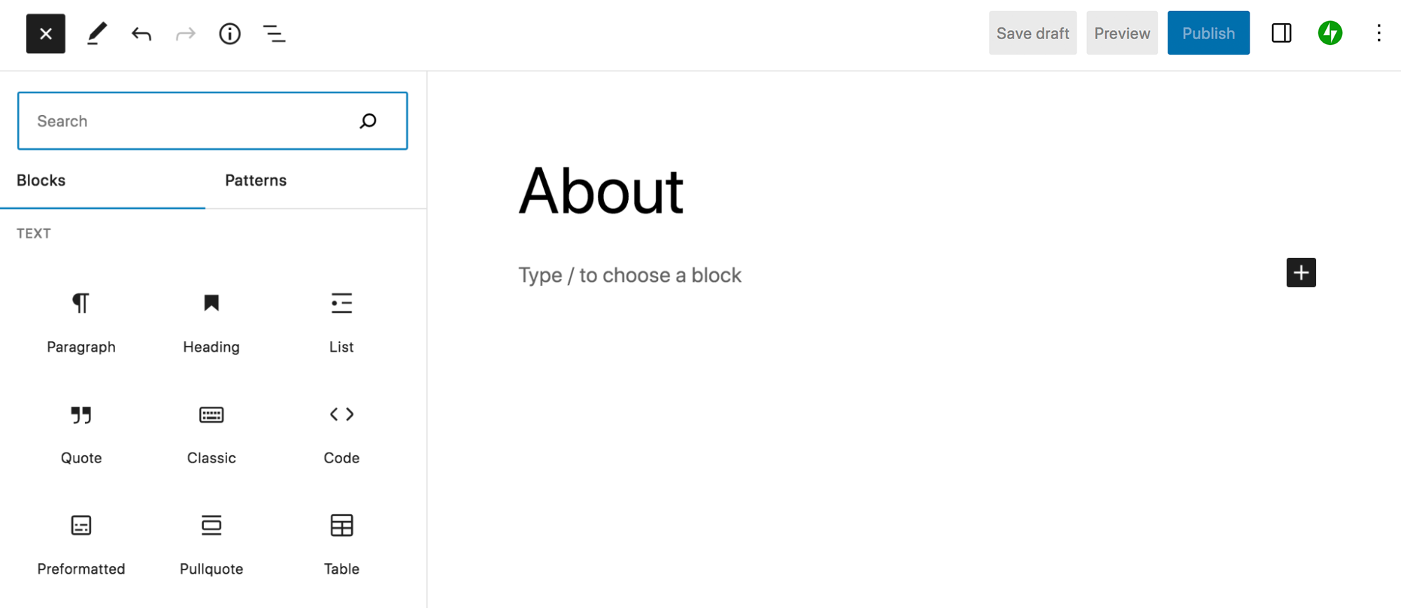 the block editor, with a list of blocks, editing an About page
