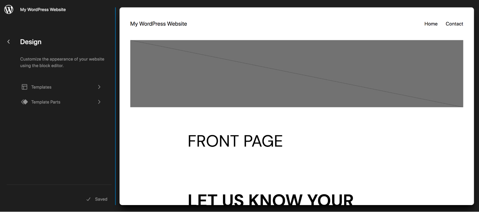 Site Editor open with templates and template parts