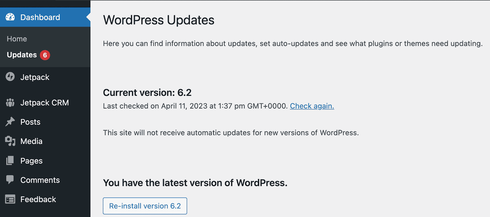 checking for WordPress updates in the dashboard