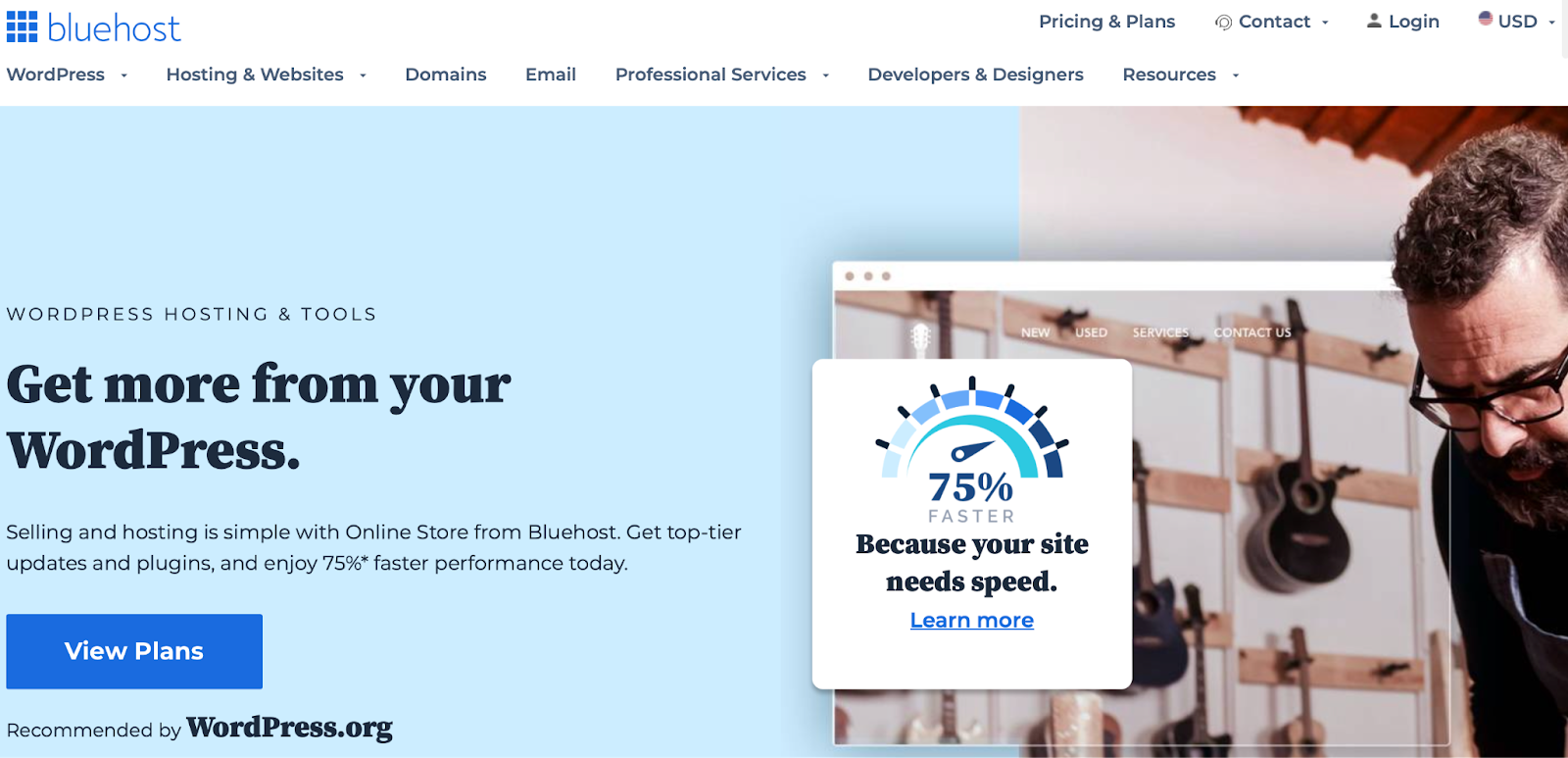 Bluehost WordPress hosting page
