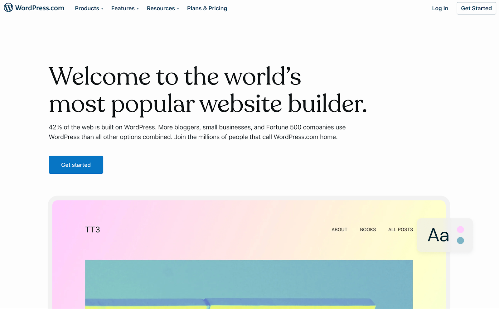 WordPress.com homepage with the text, "Welcome to the world's most popular website builder"