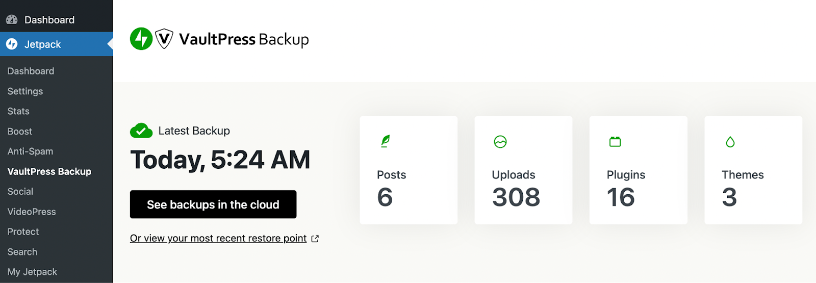 Jetpack VaultPress Backup Dashboard 