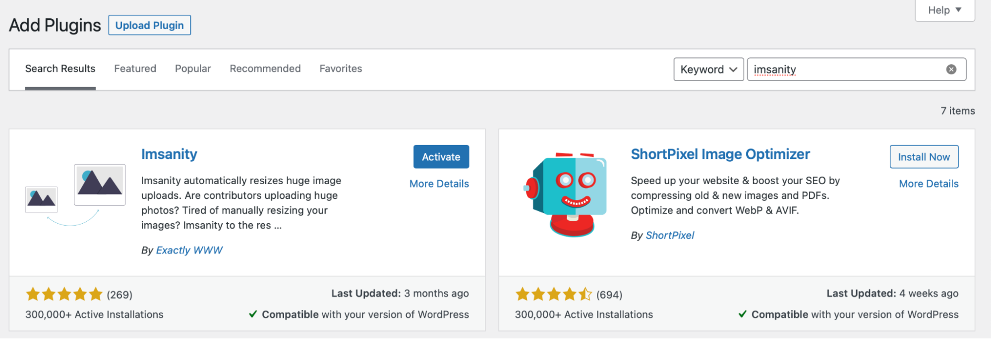 finding the Imsanity plugin in WordPress