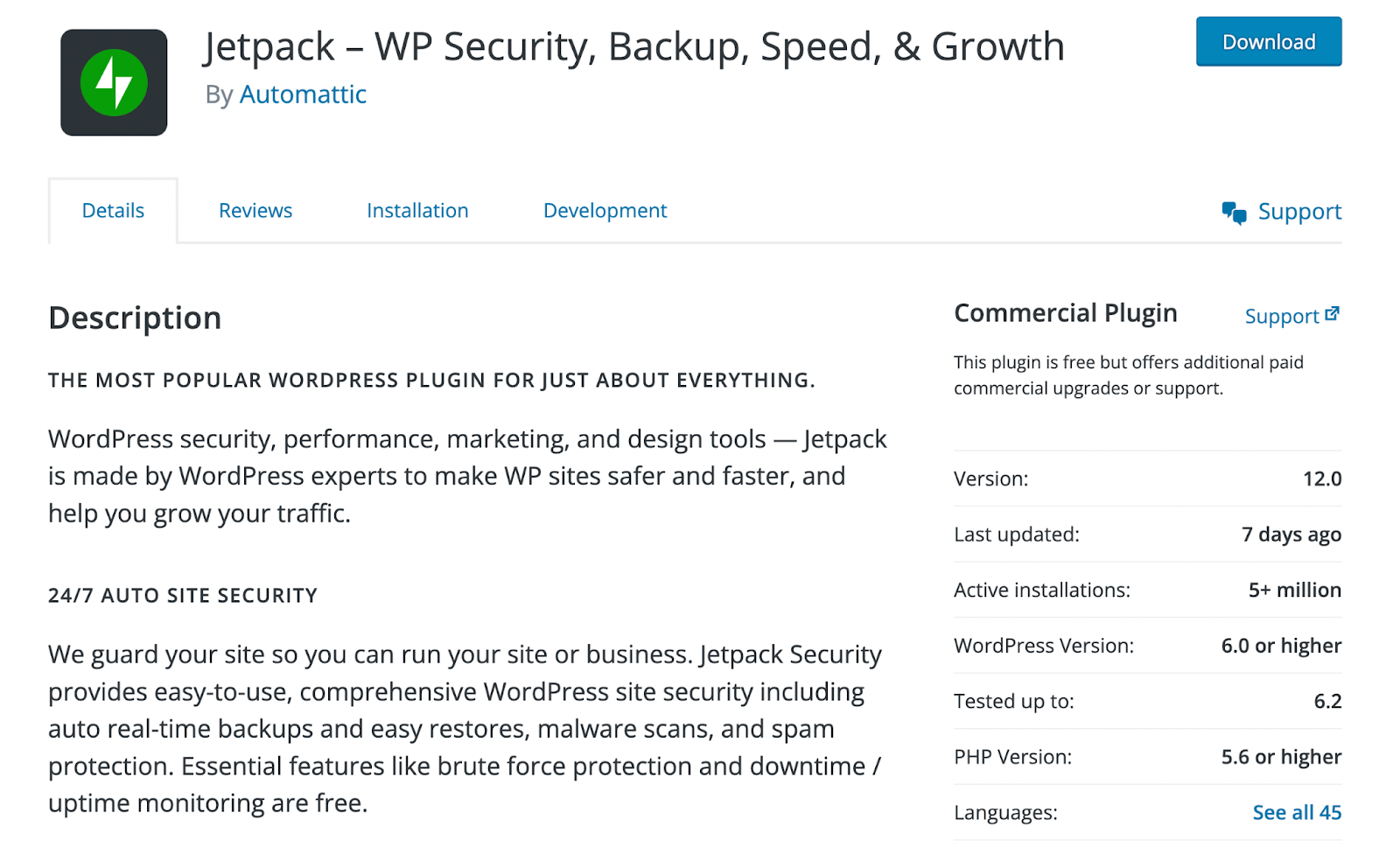 Jetpack plugin shown in the WordPress plugin directory
