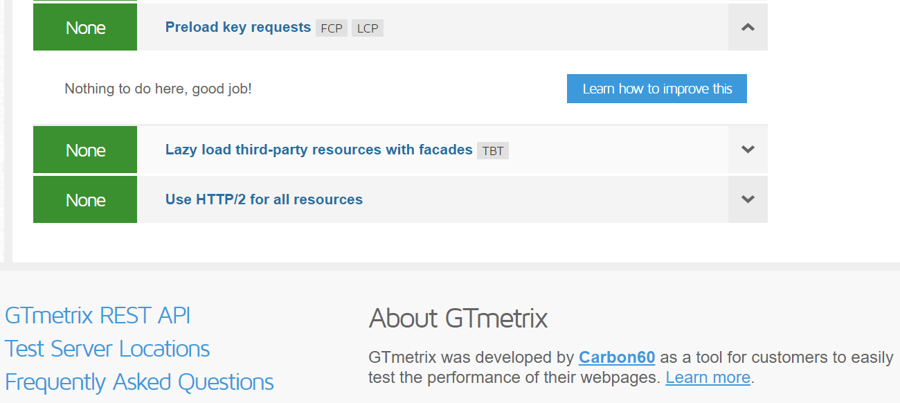 performance metrics from GTMetrix