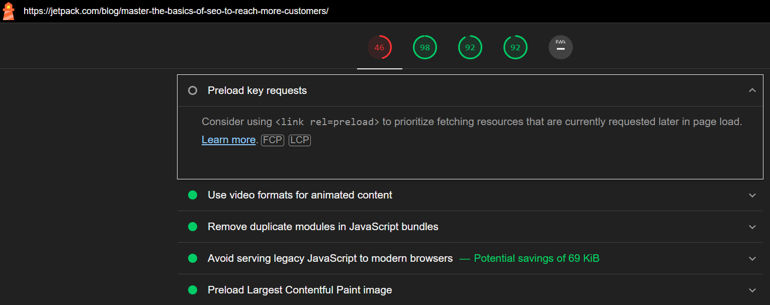 performance suggestions from Google Lighthouse