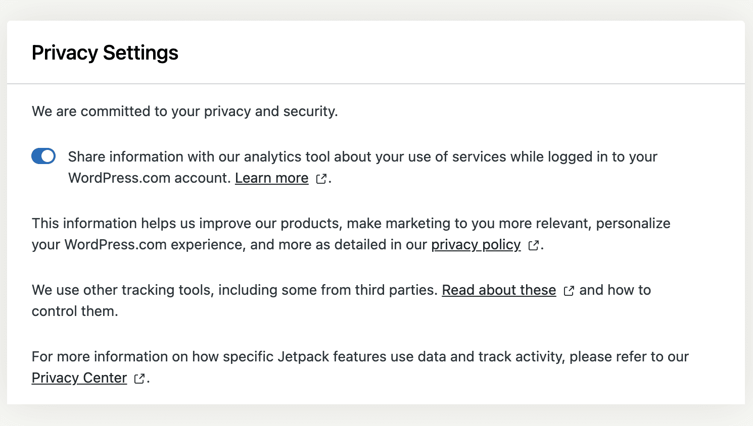 Screenshot of the Privacy Settings tab in Jetpack, with the toggle on/off button to share information with our analytics tool. 