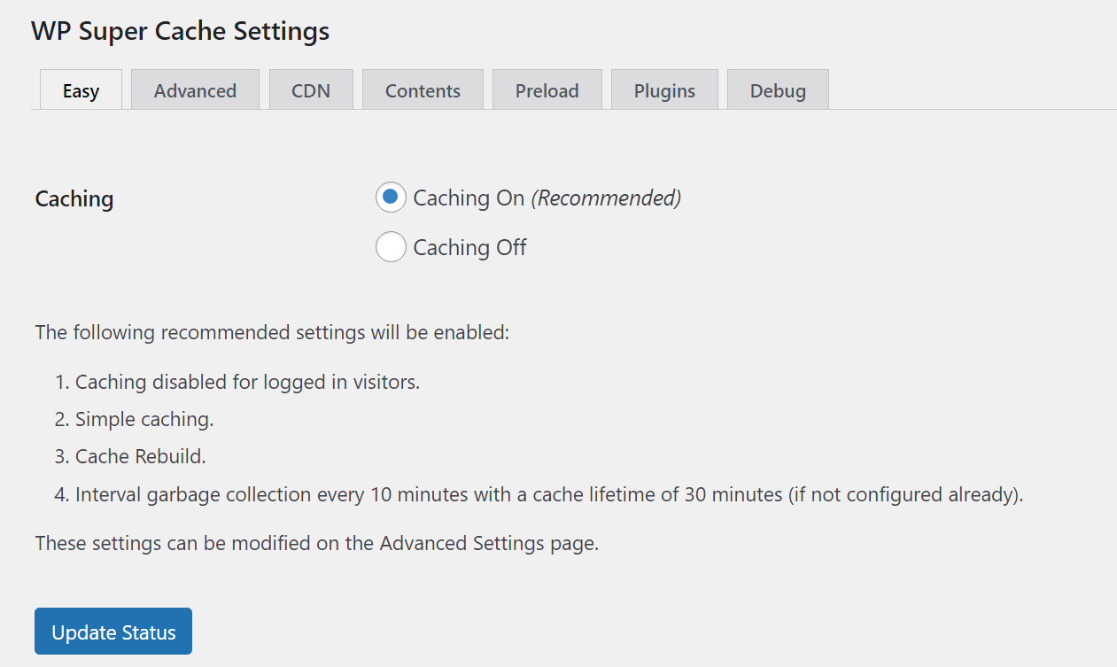 WP Super Cache settings