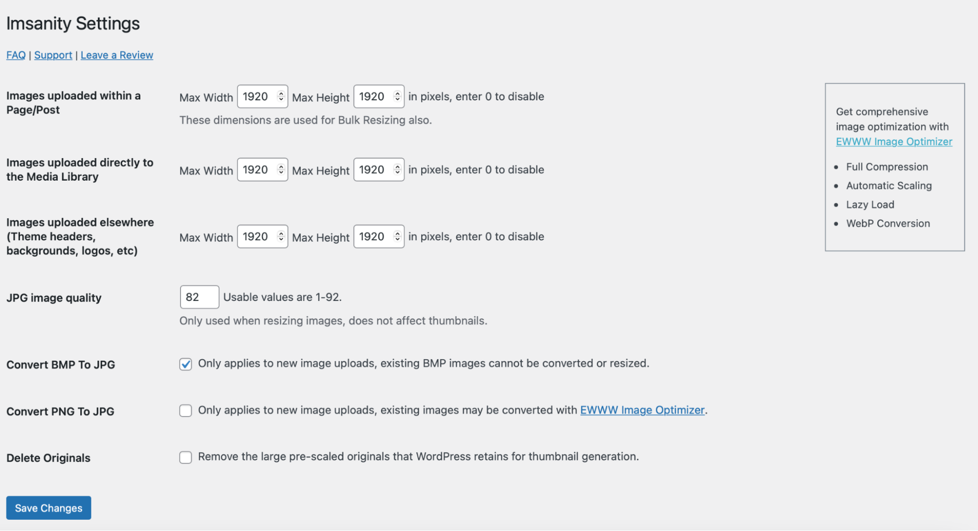 Imsanity plugin settings