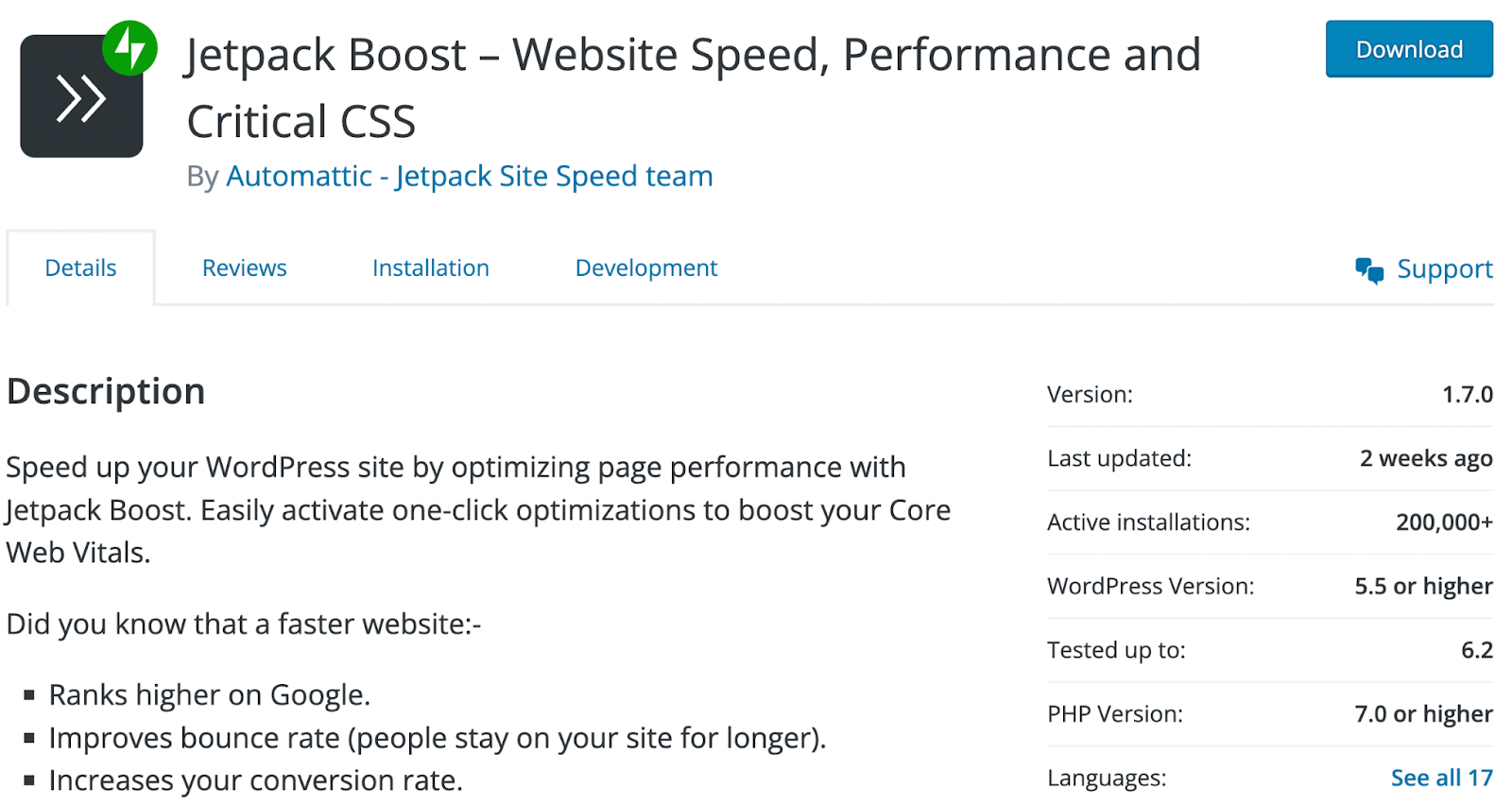 plugin information in the WordPress plugin repository
