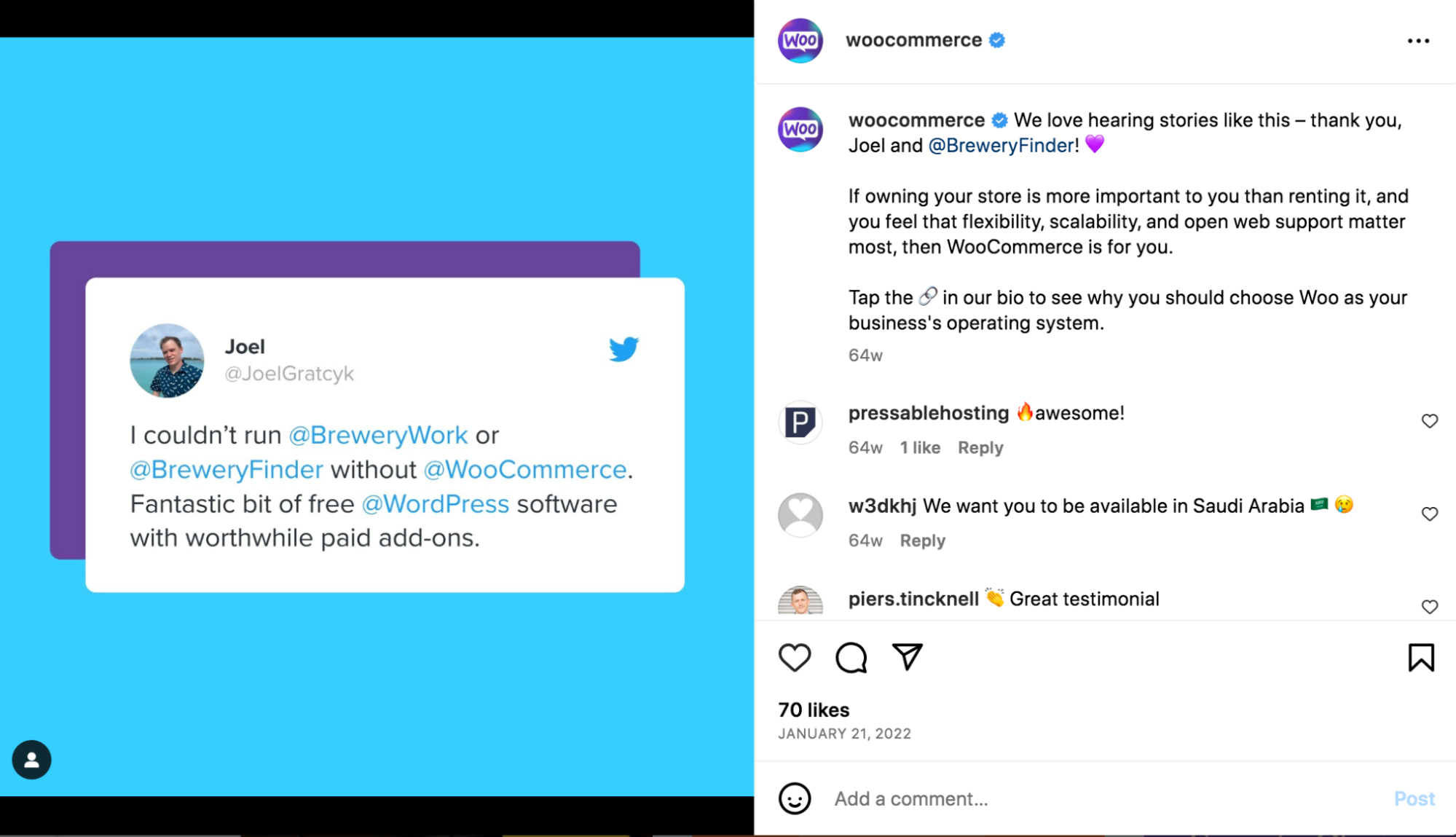example of a customer testimonial on the WooCommerce Instagram