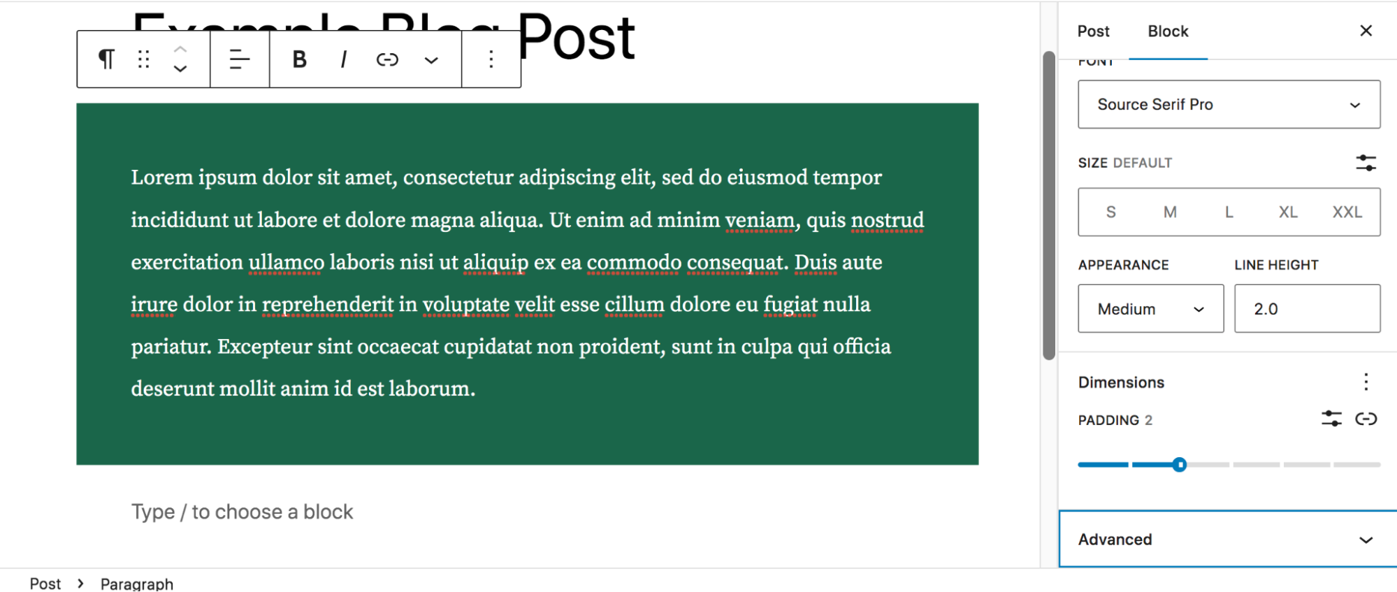 padding options for a Paragraph block
