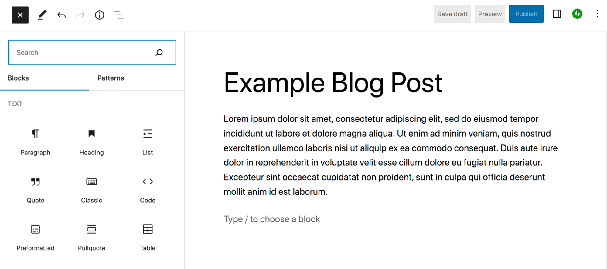 block inserter open on a blog post page