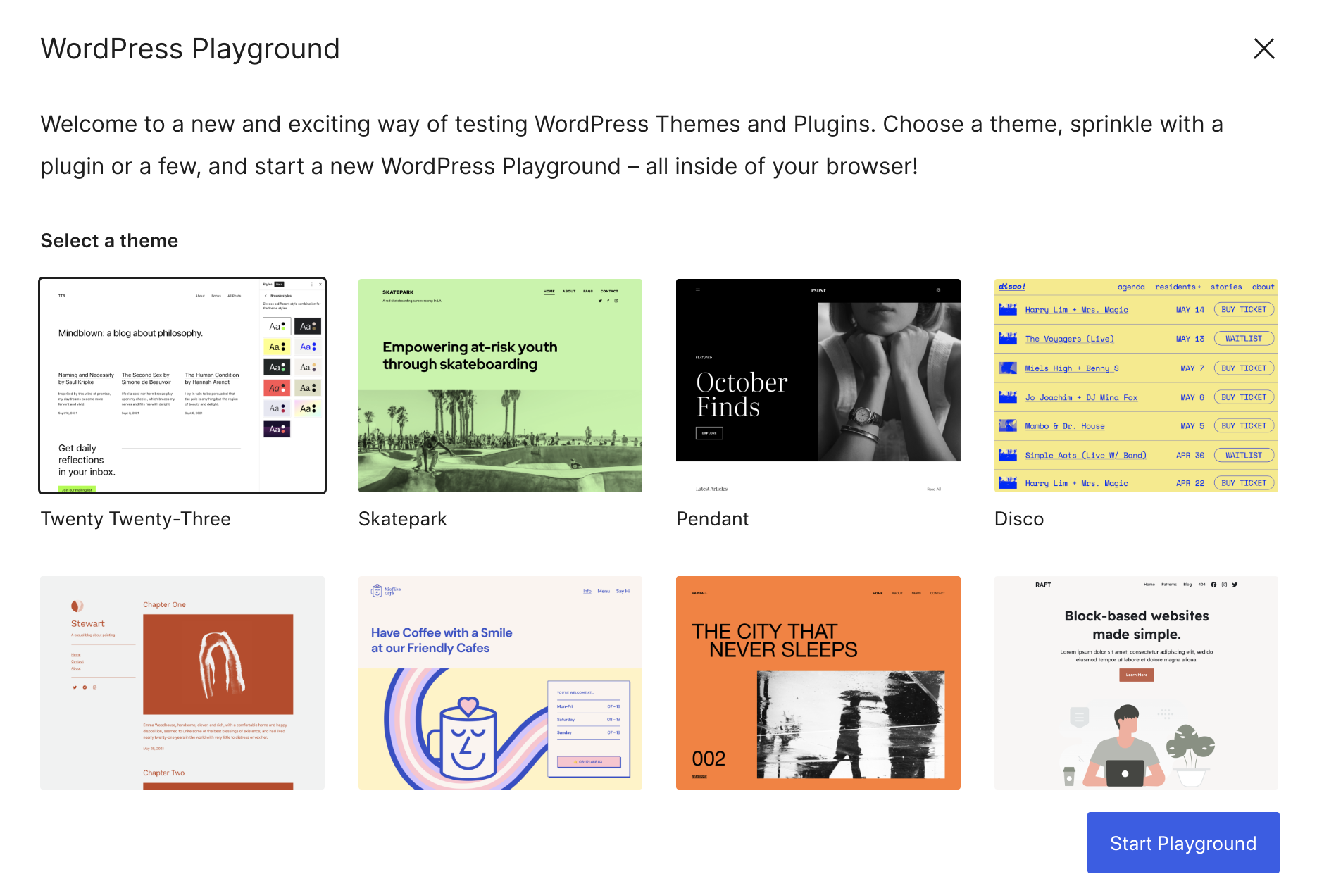 opening page of WordPress Playground