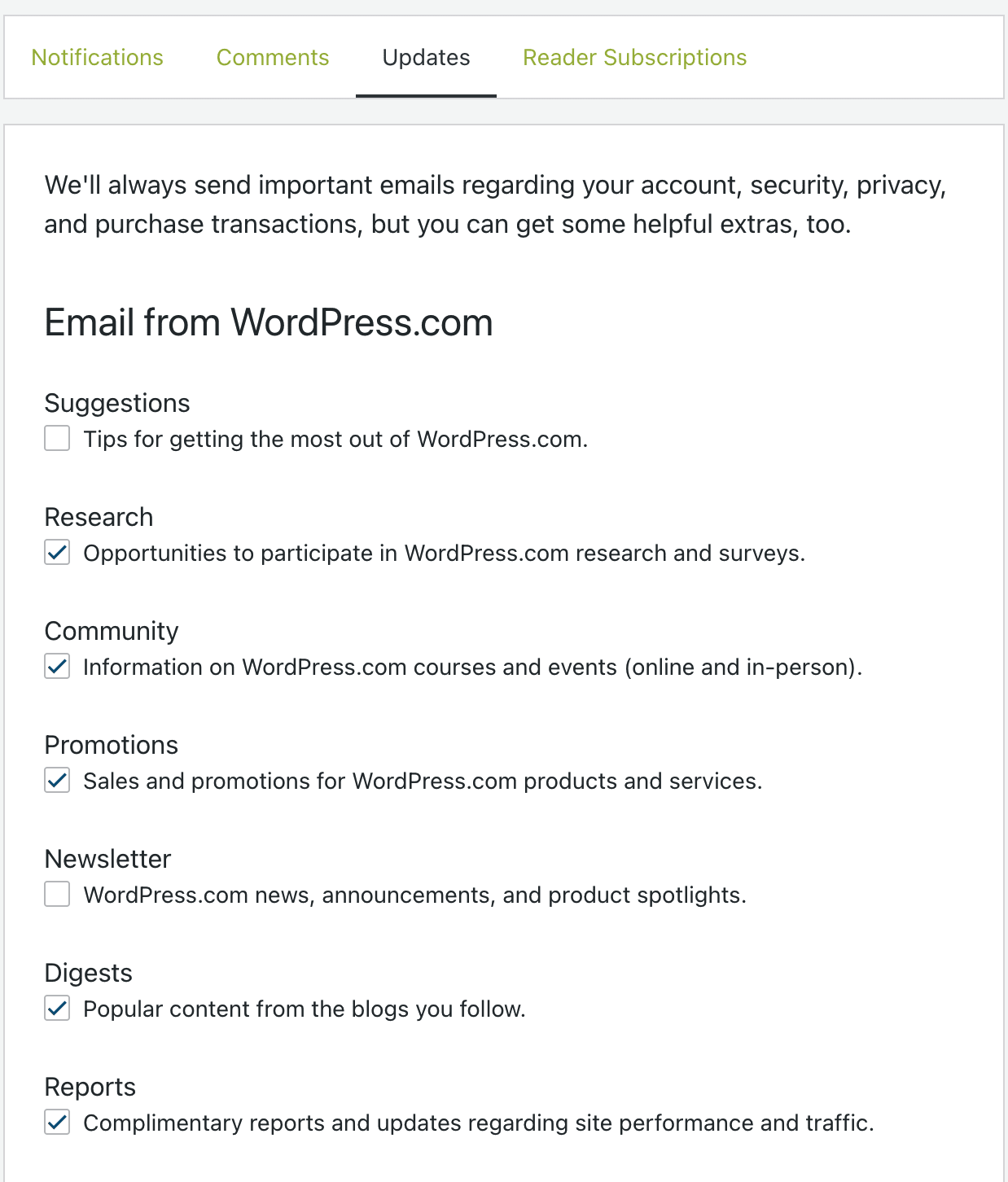 Screenshot of the WordPress.com notification settings page showing email update preferences and the Save Settings button.