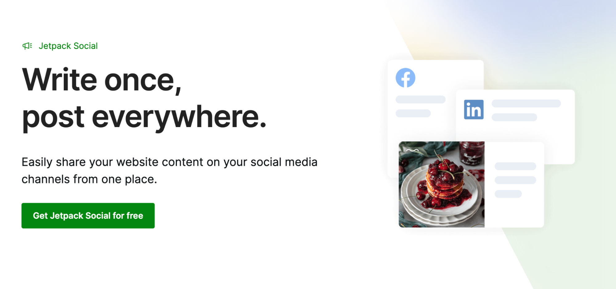 Jetpack Social homepage with the text, "write once, post everywhere."