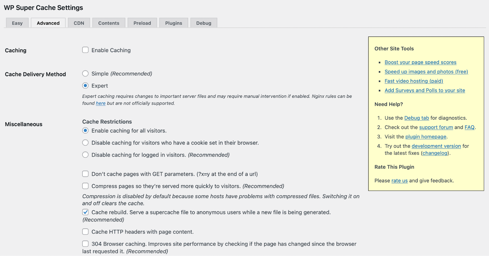 WP Super Cache settings