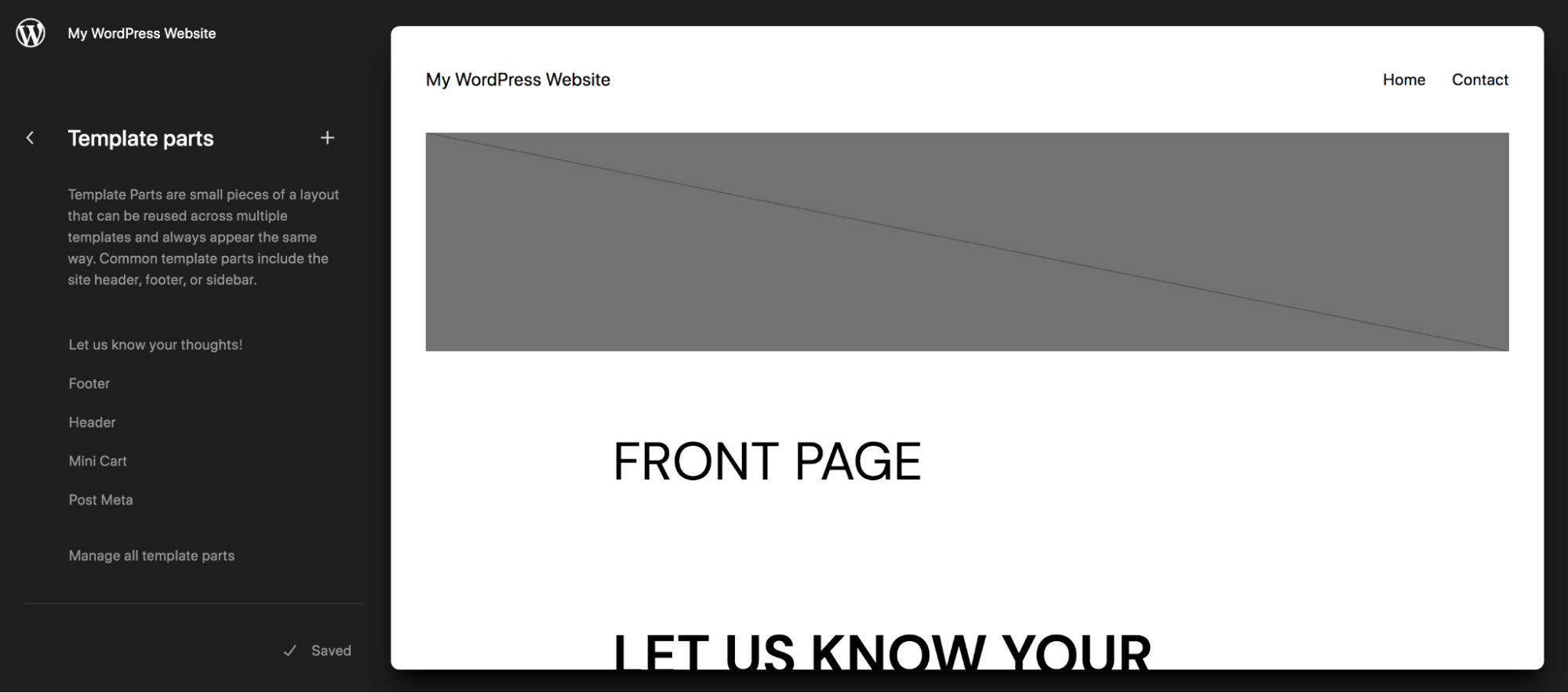 template parts section of the Site Editor